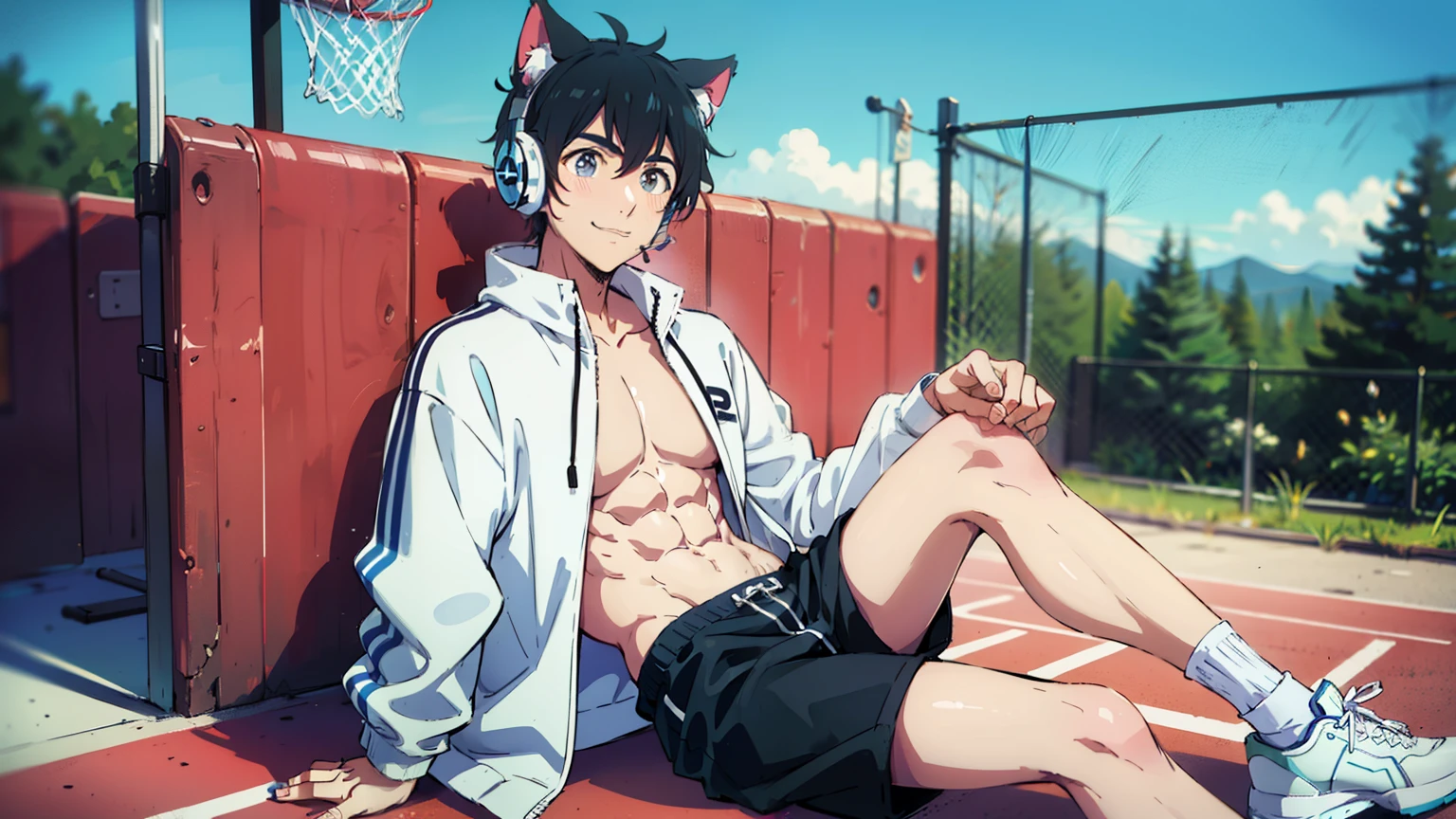 muscle,chest muscles,abdominal muscles,Wearing blue and white headphones,Light blue sports shorts,White basketball shoes,white socks,light coat,Sit and rest,Playground background,short black hair,One meter eight,male,robust,cat ear headphones,Smile,