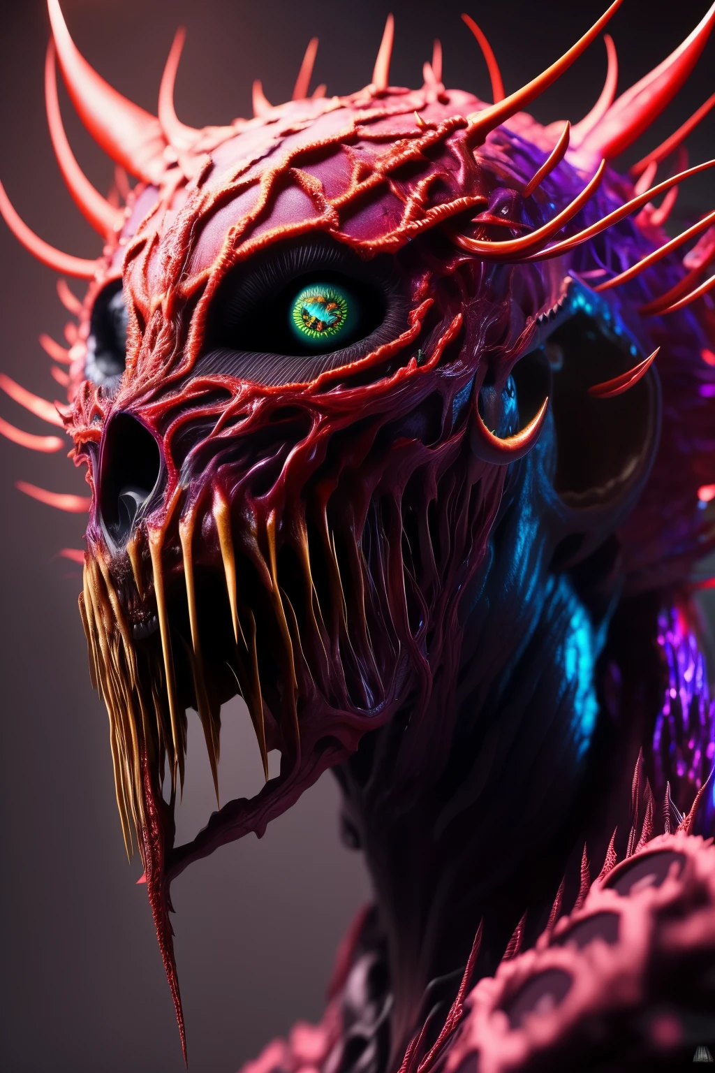 MDMA, depicted as a demon, emerges from the shadows in hyper-realistic detail. Its form is intricately rendered, each muscle and vein visible under its twisted, otherworldly skin. Its glowing red eyes burn with an intensity that seems to pierce through the soul. Smoky tendrils of vapor escape from its maw as it lets out a haunting, hollow laugh. The background is a chaotic landscape of distorting colors and lines, reflecting the mind-altering effects of this infamous substance. This highly-detailed, 8k image is reminiscent of a high-end Hellraiser illustration or a scene straight out of a trippy horror