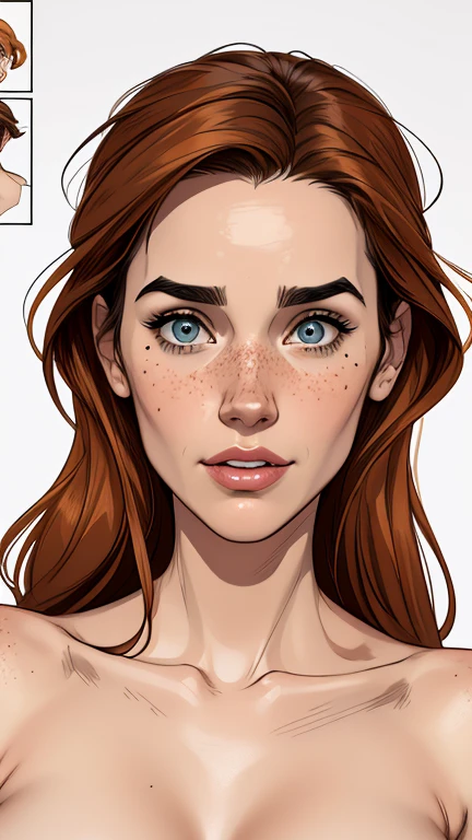 Character style illustration style completely naked breasts showing big fear breast size Cartoon name: Isabella Cruz white background small medium breasts freckled face Jennifer Connelly actress strong contours Physical description - long straight hair, tingidos de um marrom vibrante que contrasta com sua pele clara.
- You reflect a mix of curiosity and determination.
- Ela tem uma estatura baixa, with a slender and agile figure, evidenciando sua agilidade e destreza.
-fundo branco 
 Design de personagens de retrato, beautiful digital illustration, retrato de alta qualidade, Arte em quadrinhos, Corpo inteiro sensualizando ou pelada. folha de retorno. Turnaround sheet