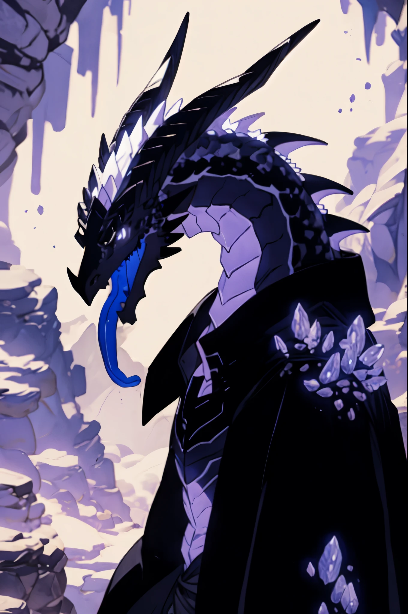 ((Character, best quality: 1.5, masterpiece, 8k detailed, monochrome: 1.5, anime)), solo: 2, 1boy, lizard boy, scaled humanoid, Bipedal dragon walking in a cave of crystals, flat colors, dark shadows, light on the back, glowing eyes, dragon head, tail, wingless, mouth open, long tongue, angry, white eyes, side view, upper body,