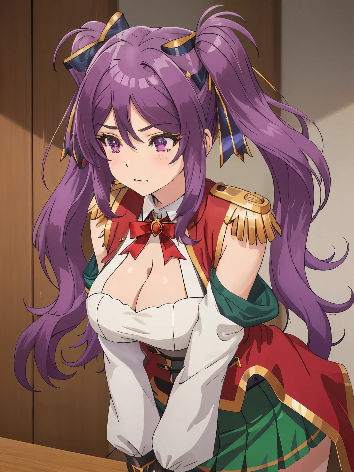 Leone_was, purple hair, purple eyes, 1 girl, alone, twin tails, hair ribbon, collared shirt, shoulder cutout, removed sleeve, cleavage cutout, neck ribbon, green skirt, red cloak, epaulettes