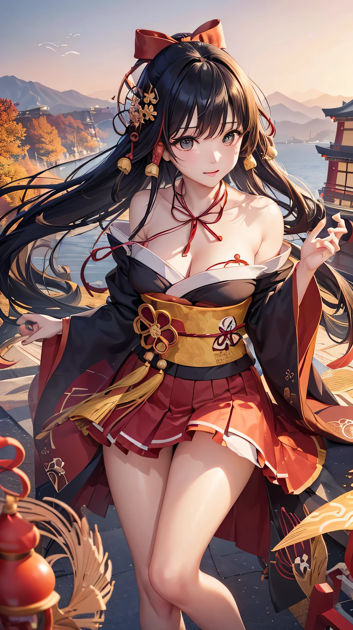 A black-haired woman wearing a shrine maiden outfit with leg slits　Spread your legs　The upper body is fluttering