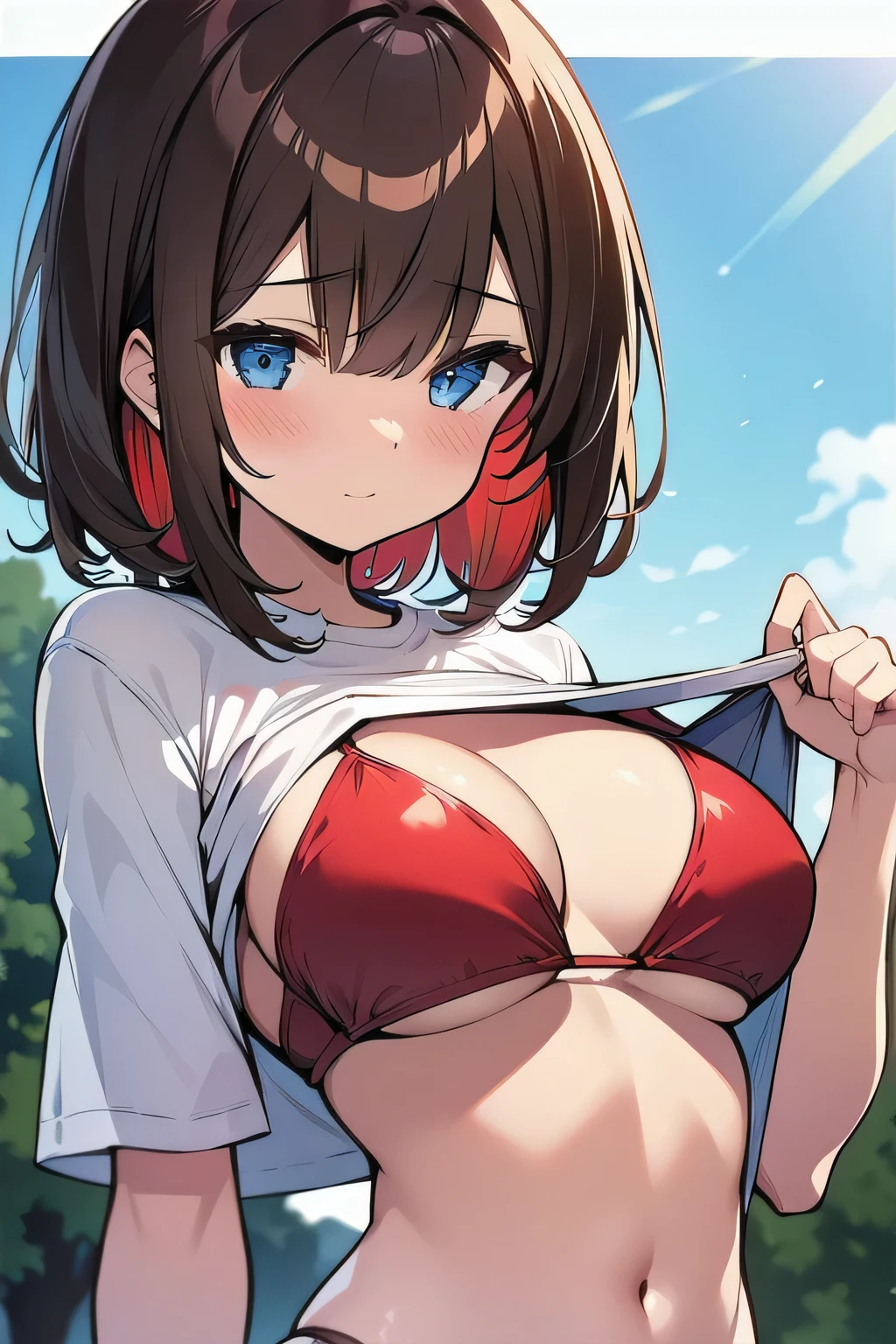 (best quality), (Super detailed), (Best Illustration), (1girl), look at viewer, upper body, (shirts lift:1.3), (show off large breasts:1.2), (show off red bikini:1.3), blush, brown hair, (bob cut), curly hair, hairs between eyes, blue eyes, (pool),