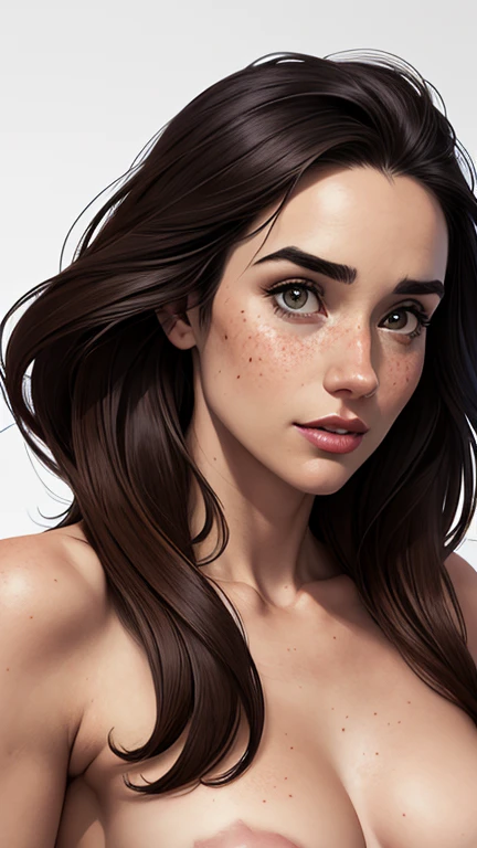 Character style illustration style Completely bare breasts showing small fear Breast size Cartoon name: Isabella Cruz white background medium breasts freckled face Jennifer Connelly actress strong contours Physical description - long straight hair, tingidos de um marrom vibrante que contrasta com sua pele clara.
- You reflect a mix of curiosity and determination.
- Ela tem uma estatura alta, with a slender and agile figure, evidenciando sua agilidade e destreza.
-fundo colorido
Design de personagens de retrato, beautiful digital illustration, retrato de alta qualidade, Arte em quadrinhos, Corpo inteiro sensualizando ou pelada. folha de retorno. folha de retorno