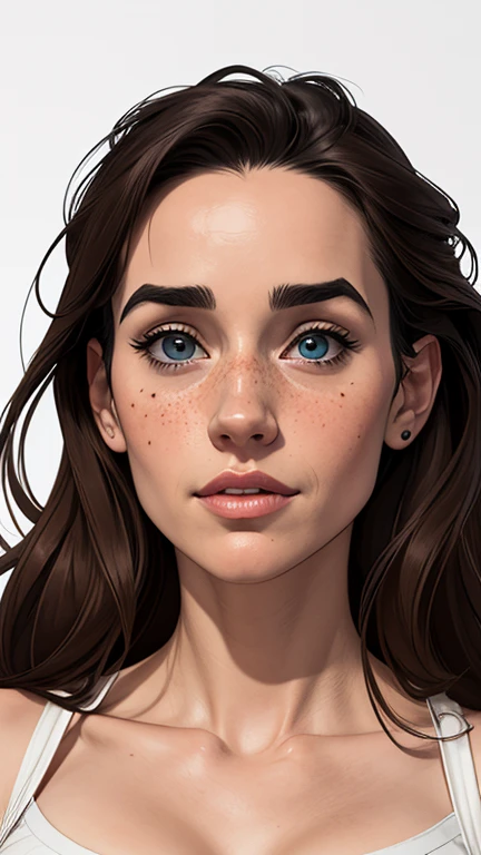 Character style illustration style Completely bare breasts showing small fear Breast size Cartoon name: Isabella Cruz white background medium breasts freckled face Jennifer Connelly actress strong contours Physical description - long straight hair, tingidos de um marrom vibrante que contrasta com sua pele clara.
- You reflect a mix of curiosity and determination.
- Ela tem uma estatura alta, with a slender and agile figure, evidenciando sua agilidade e destreza.
-fundo colorido
Design de personagens de retrato, beautiful digital illustration, retrato de alta qualidade, Arte em quadrinhos, Corpo inteiro sensualizando ou pelada. folha de retorno. folha de retorno