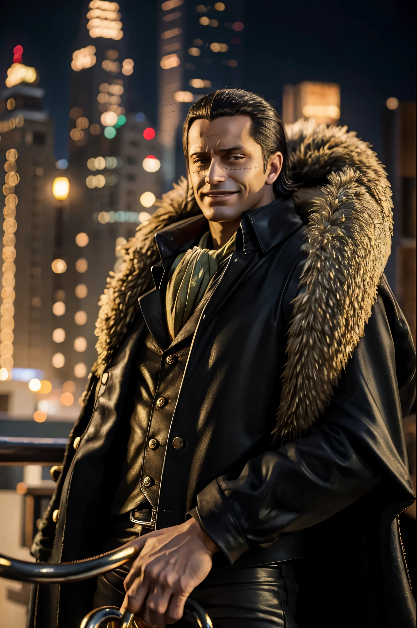 masterpiece, best quality, extremely detailed, hyperrealistic, photorealistic, a cool 40s man, ultra detailed face:1.2, fur-trimmed coat, scarf around the neck, his left hand is a golden pirate hook:1.1, ciger, cityscape, in the night:1.1, sly smile