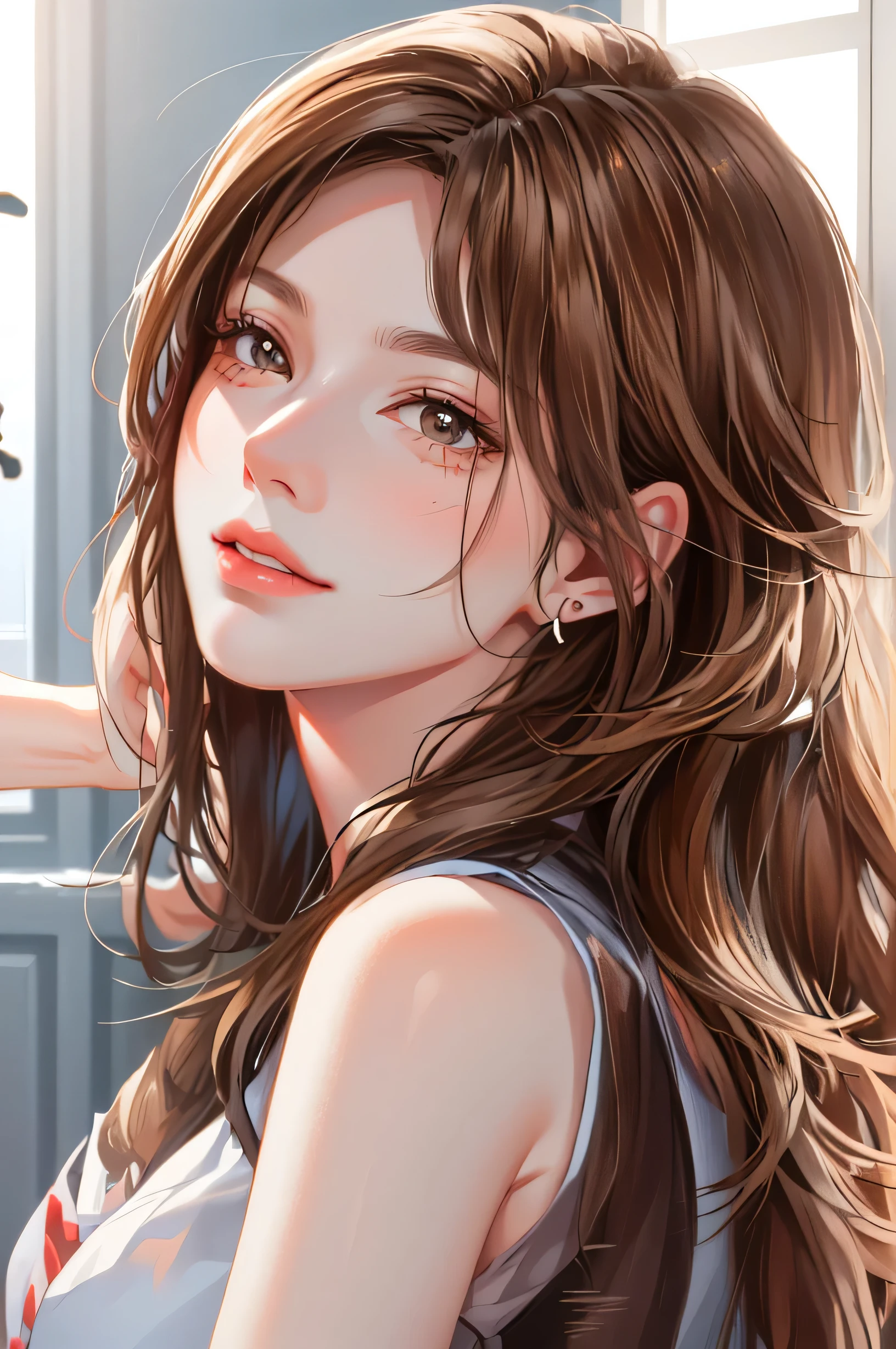Close up portrait of a woman with brown hair and brown shirt。, cute realistic portrait, Realistic anime 3d style, Photorealistic anime girl rendering, realistic 3d animation, realistic art style, 8K portrait rendering, realistic cute girl drawing, realistic art style, Smooth anime CG art, anime realism style, realistic beautiful face, realistic young anime girl