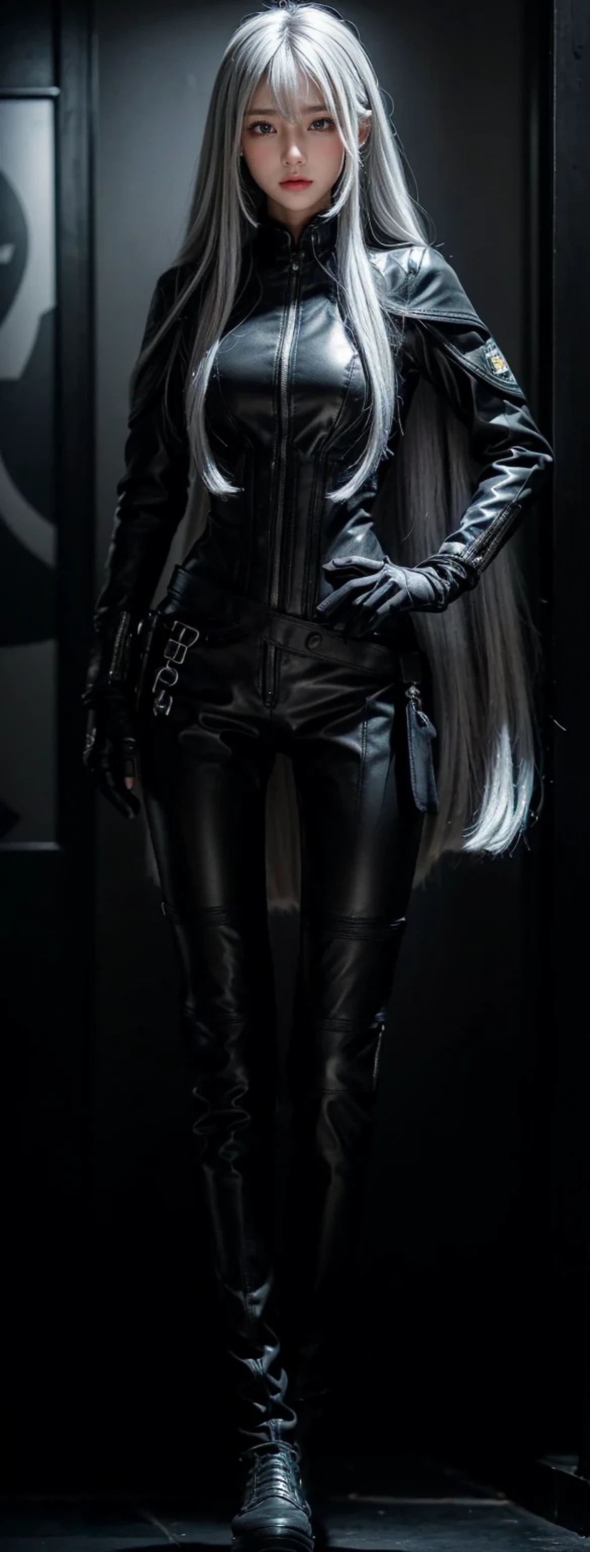 waist length hair,shiny hair,4 fingers,sharp gaze,{{{{{White eyes}}}}},{{{{{White eyes}}}}},{long hair},{{straight hair}},black gloves,black clothes,black military suit,{military},{{{{{dull bangs}}}}},Hard hair,(slanted eyes},{{whole body},{{{1 girl}}}, {{{{silver hair}}}},{{{tsurime}}},36 years old,white people,silver eyes,thin,{{{masterpiece}}}, {{{highest quality}}}, {{Super detailed}}, {shape}, {{very delicate and beautiful}},very detailed,Detailed completeness,Detailed Hyper,military clothes,{{bangs}}