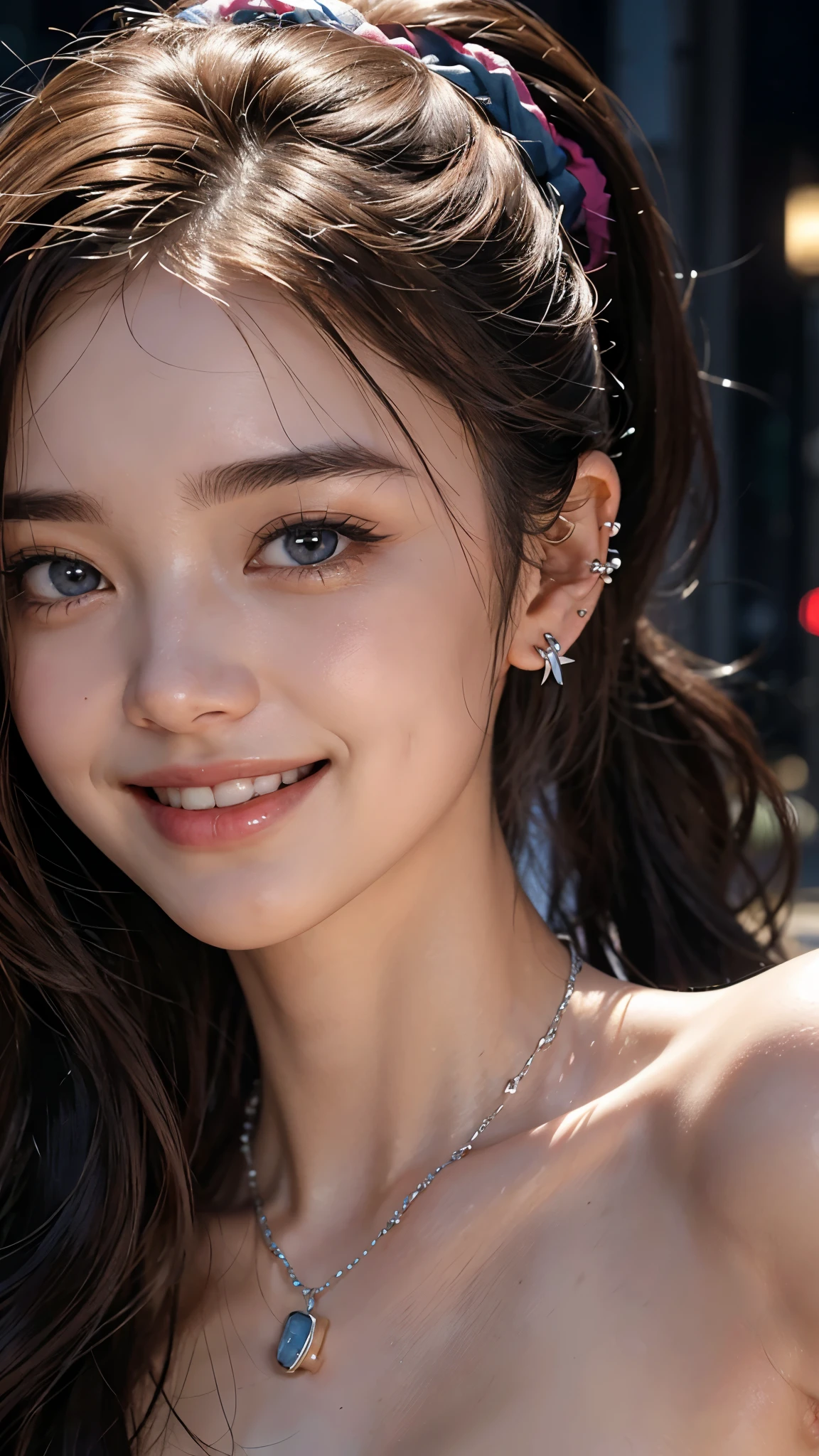 cute 18 year old,1 girl,slim face ,8K,Super realistic image quality,dynamic shadow,sparkling eyes,((Clear black eyes)),((cheerful smile)),((3 ear piercings)),((asian necklace)),clear pale blue eyes,movie theater lighting,((dark back alley)),((City lights)),night,Darkness of the city,suit, ((face close up:1.3)),((A smile showing white teeth)),((Open mouth and smile happily)),((Chestnut ponytail and scrunchie)),close, 8K, Raw photo, highest quality, masterpiece,realistic, photo-realistic,