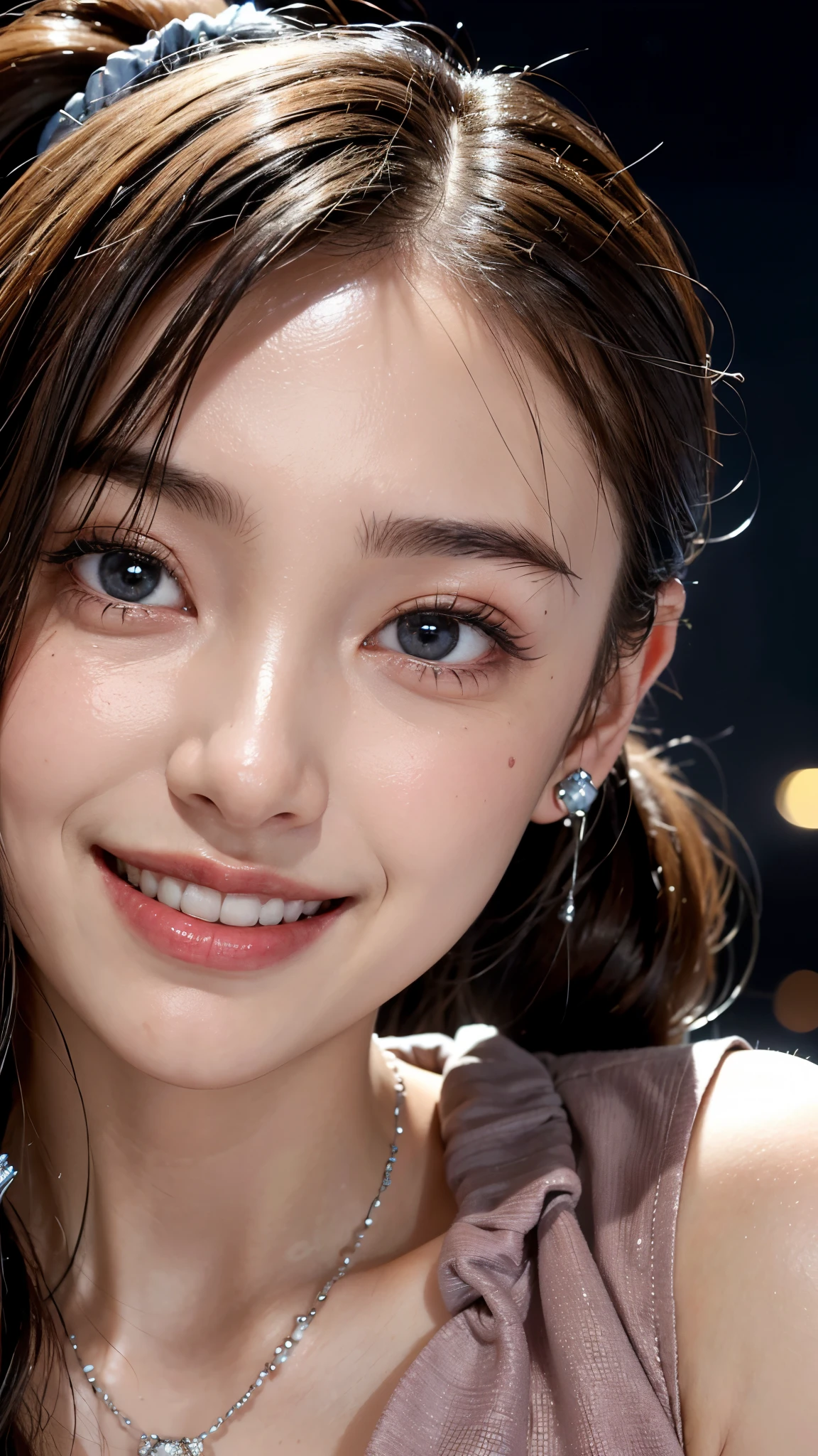 cute 26 year old,1 girl,slim face ,8K,Super realistic image quality,dynamic shadow,sparkling eyes,((Clear black eyes)),((cheerful smile)),((3 ear piercings)),((asian necklace)),clear pale blue eyes,movie theater lighting,((dark back alley)),((City lights)),night,Darkness of the city,suit, ((face close up:1.3)),((A smile showing white teeth)),((Open mouth and smile happily)),((Chestnut ponytail and scrunchie)),close, 8K, Raw photo, highest quality, masterpiece,realistic, photo-realistic,
