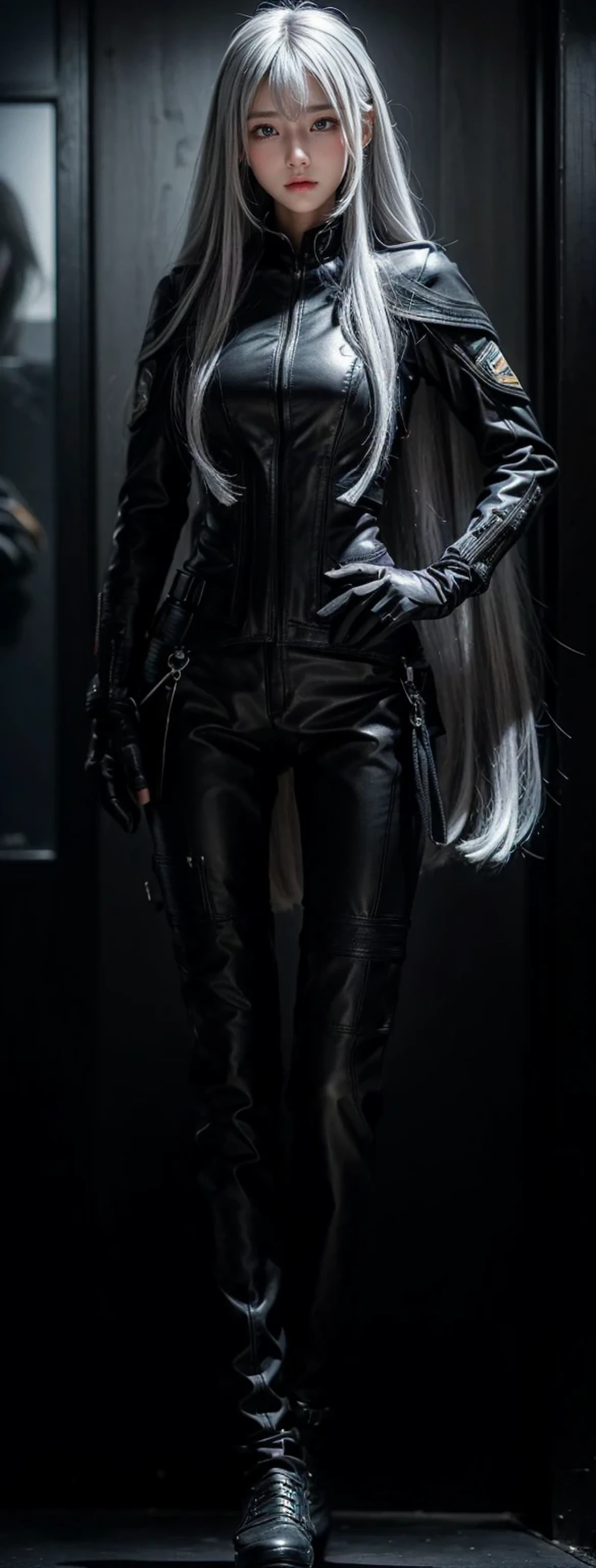 waist length hair,shiny hair,4 fingers,sharp gaze,{{{{{White eyes}}}}},{{{{{White eyes}}}}},{long hair},{{straight hair}},black gloves,black clothes,black military suit,{military},{{{{{dull bangs}}}}},Hard hair,(slanted eyes},{{whole body},{{{1 girl}}}, {{{{silver hair}}}},{{{tsurime}}},36 years old,white people,silver eyes,thin,{{{masterpiece}}}, {{{highest quality}}}, {{Super detailed}}, {shape}, {{very delicate and beautiful}},very detailed,Detailed completeness,Detailed Hyper,military clothes,{{bangs}}