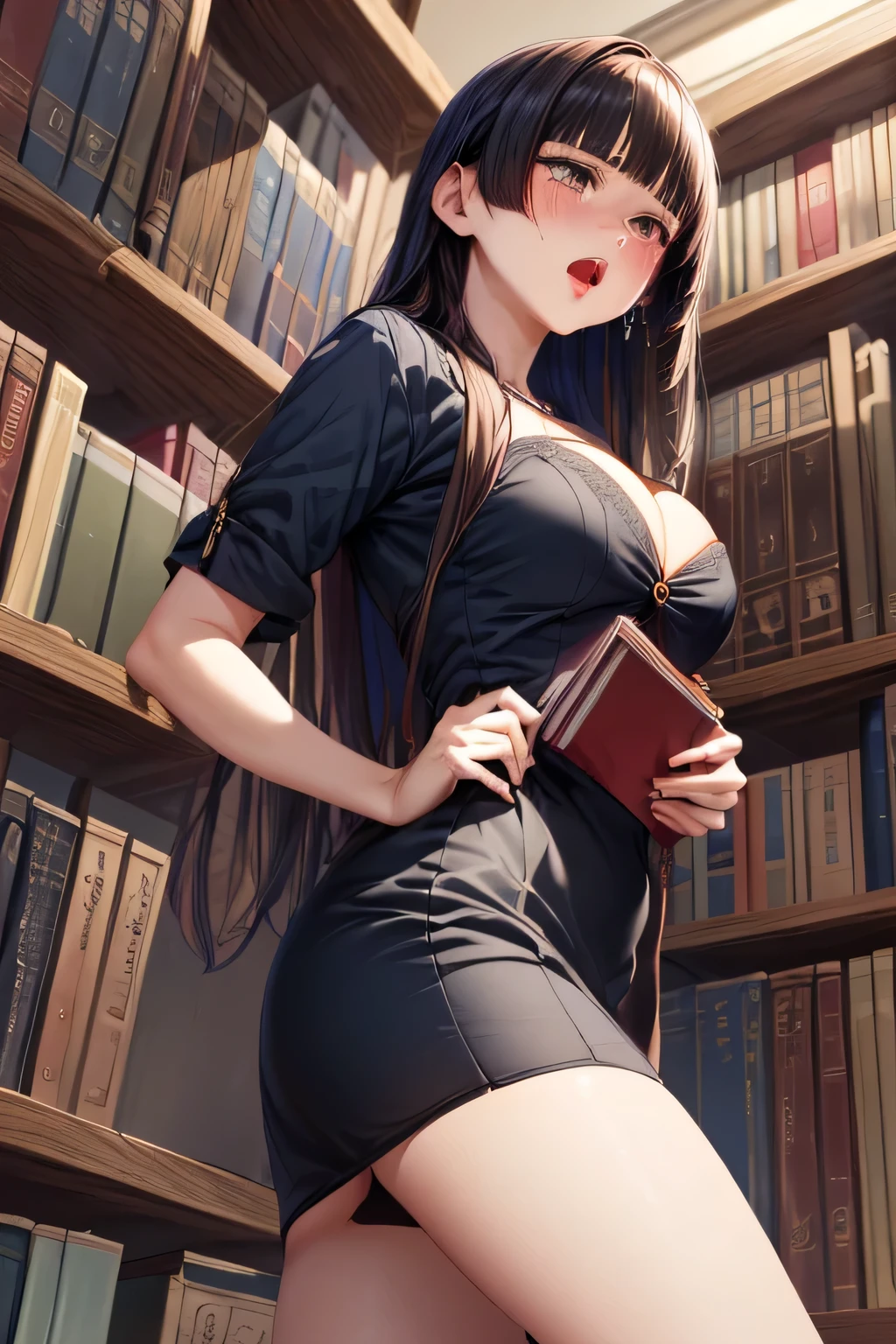 (masterpiece), highest quality, (sharp details), 4k, 1 female, mature woman, mature woman,SHARP detail Expressive eyes, (sharp detailsパーフェクトフェイス), (((female teacher))), (((sex education))), deep cleavage, ( bearing hips), ((female teacher clothes)),shirt, mini skirt,((open your mouth wide)), black hair, black eyes,(drawings of (anatomical diagram)), (short pencil skirt), (lipstick), (perfect hands), library, suit, white shirt, pencil skirt, micro skirt, beige stockings, shiny skin, ((oily skin)),((Are standing)), (((Put your hands on the bookshelf))), ((Looking at the bookshelf)),spread your legs , Leaning forward towards the bookshelf, butt focus)), (((I'm screaming))),((Are crying))),((frown,shame,anger,I furrowed my brow.,pile of books, from below