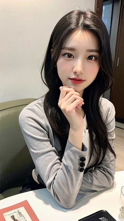 (8K, Raw photo, highest quality, masterpiece: 1.2), Super detailed, super resolution, (genuine, genuine photos: 1.37), portrait, High-definition RAW color photo, professional photos, very detailed and beautiful, very detailed, 8k wallpaper, amazing details, huge file size, official art, very detailed CG Unity 8k wallpaper, very detailed beautiful girls, very detailed faces, very fine eyes, Very fine skin, very thin fingers, very small nose, very detailed詳細な口, very beautiful face and eyes, black hair, striped thighs,White blouse outfit, gray pants, Suit and grey vest. , Purple pink white scarf, slim proportions, Indoor light