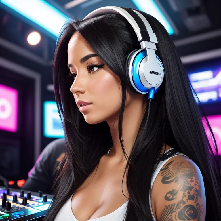 female DJ, headphones, long black hair, big-breasted, nightclub, looking at viewer