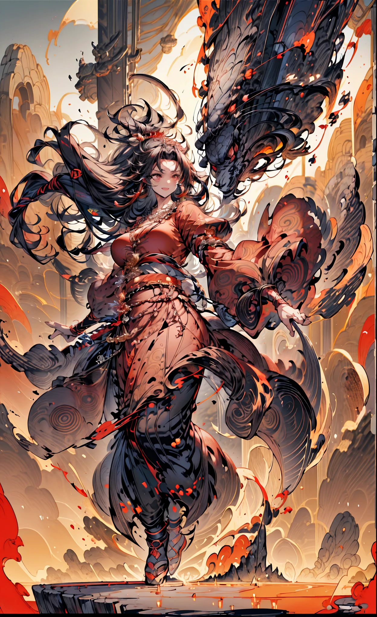 Anime style fierce young handsome male warrior, messy reddish brown hair, bright scarlet red open eyes, wearing a black Ninja sleeveless suit with gold accents, naked arms, holding a flaming sword, blur the background to create a three-dimensional effect, atmosphere, muscular body, golden dragon emblem on chest, black and red gloves, ultra details, life size, high detailed eyes texture, perfect anatomy, standing on a mountain peak with volcanic eruptions in the background, during sunset, pure skin, muscular body build, glowing dragon emblem on chest armor, smooth messy hair, detailed pure skin texture, dynamic fighting pose, Full HD, 4K, HDR, perfect anatomy, Depth of field, detailed beautiful digital art work, close up, ultra details, Anime art style, realistic atmosphere, ultra detailed eyes textures, beautiful digital art work” 