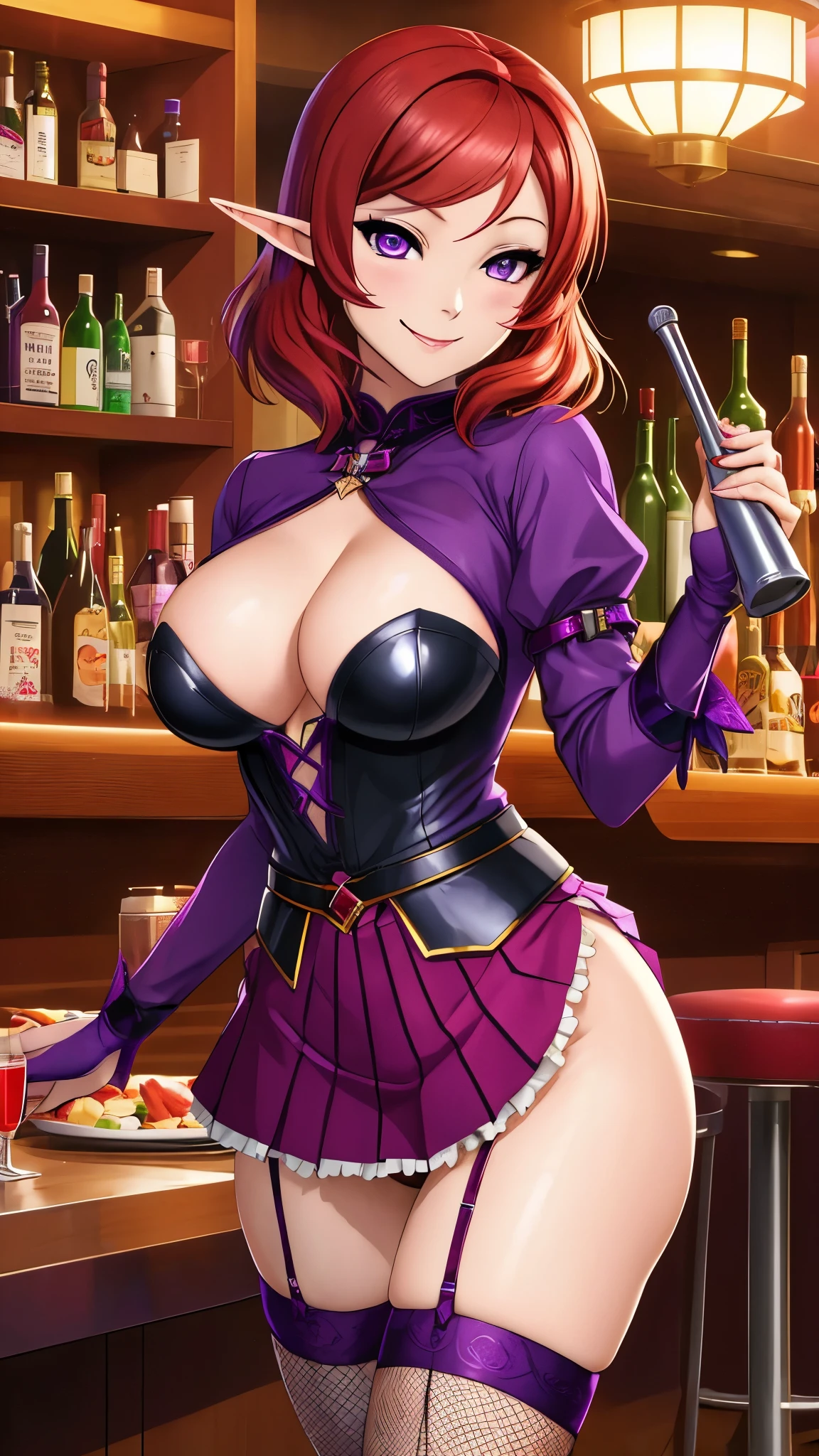 masterpiece, best quality, (NSFW:0.8),nishikino maki , purple eyes, large breasts, skin tight,(fishnet legwear:0.999), (elf:0.982), (boots:0.907), (skirt:0.880), Purple blouse, standing, Cleavage, Bar, smile, closed mouth