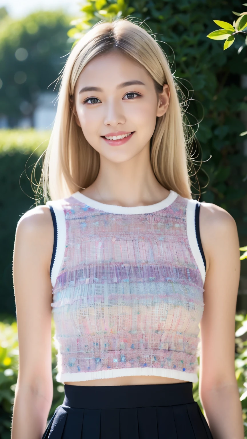 japanese girl、spring、Music circle、garden、((best quality,master piece,超A high resolution)),(Realistic:1.4),1 girl,from head to knees,dynamic posture,adult face,slim,Slender、(smile),(shiny skin),(overview,frontage,twilight),white hair,white long hair,iridescent eyes,big bust,Top Fashion,mini skirt),(clear eyes),(clean nose),(Clear lips),(Fair skin),(Ultra realistic textile texture)