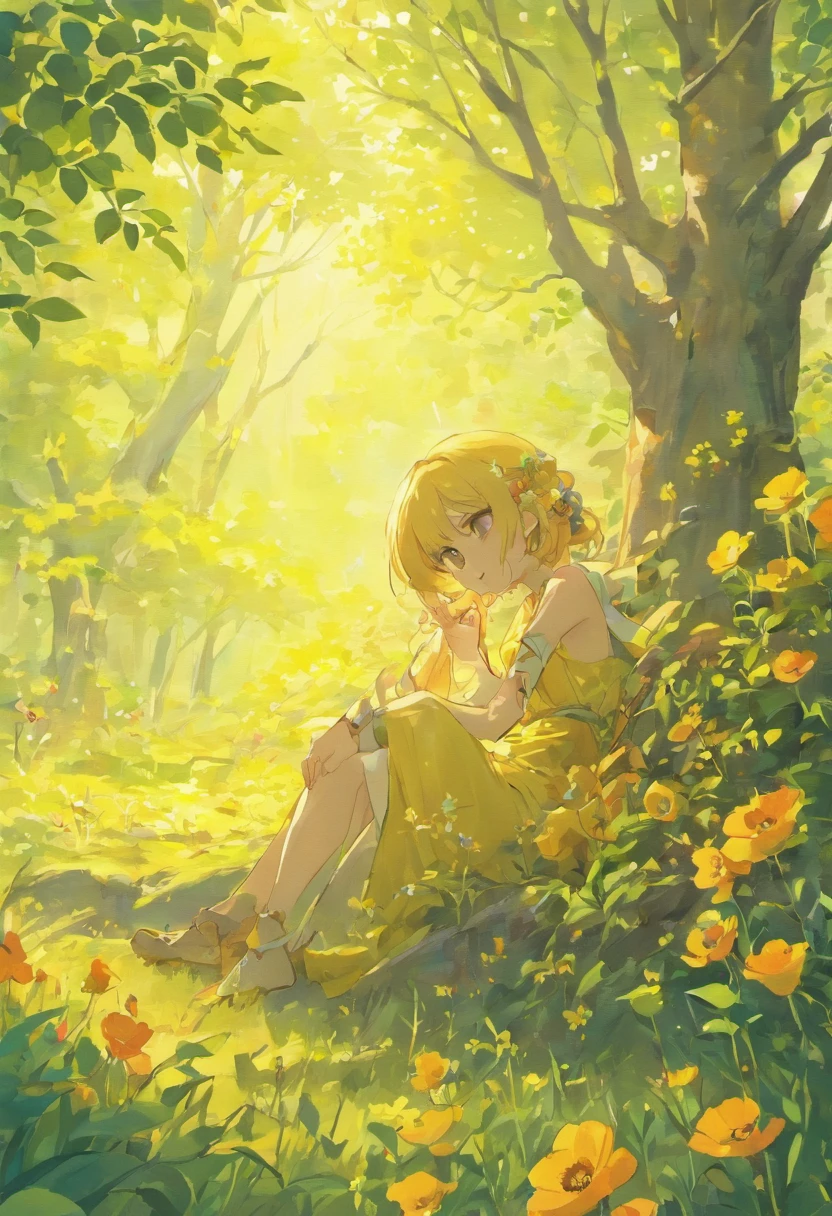 full-length humanoid resting in the sun, leaning back against a tree, surrounded by wildflowers, yellow and pale-peach color poppies --style raw