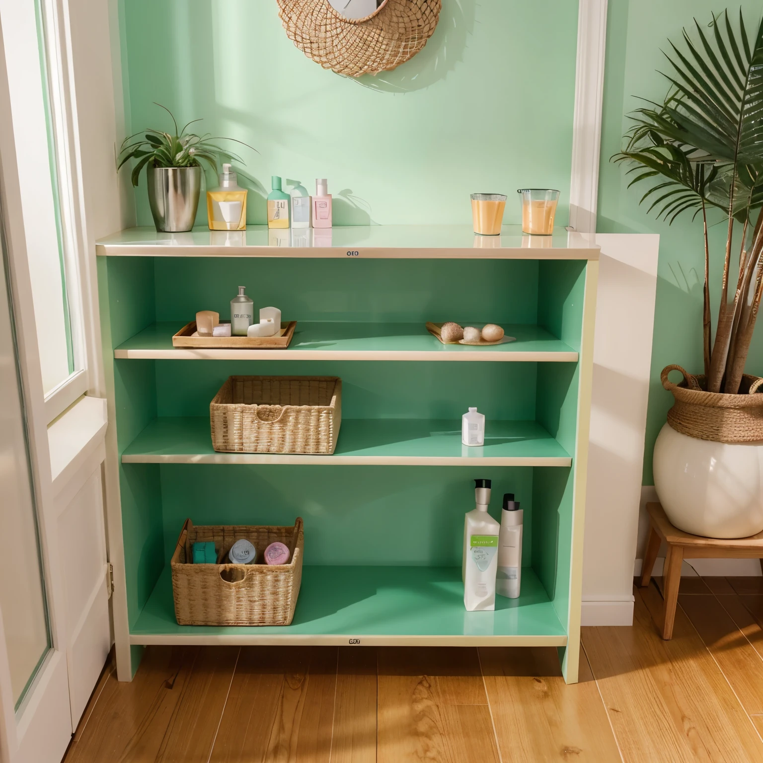 Quero uma loja de produtos de skincare com cores claras de verde, tom pastel, com prateleira de produtos, saleswoman and counter, Com uma porta para os banheiros  e escada para andar admistrativo e com bastante luz natural e janelas
