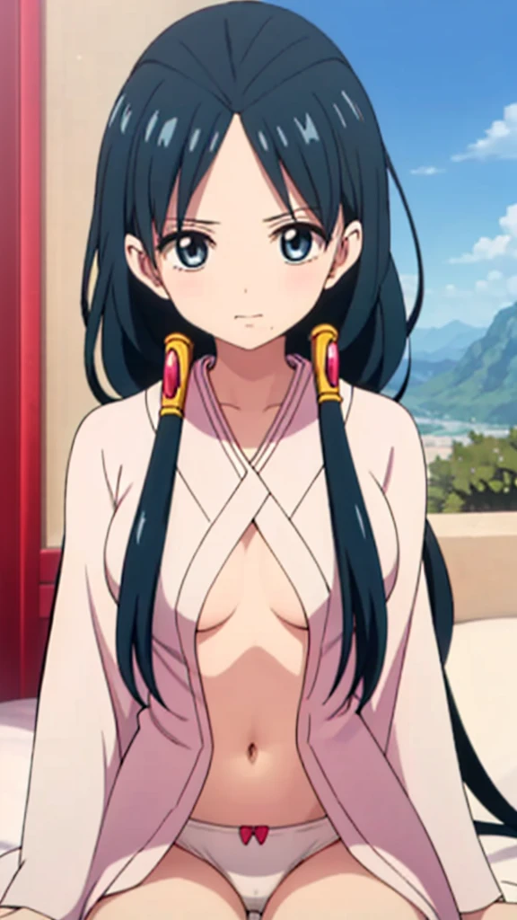 ((masterpiece)),((High resolution)),((highest quality)),((very detailed)),((very detailedCG Unity 8K壁紙)), 1 female,,((topless)),, (lie down on the ground), naked,(white panties),perfect breasts,perfect navel, portrait,black hair, perfect eyes, outdoor,Blue sky,cowboy shot, look at the audience,Upper body,((blush))