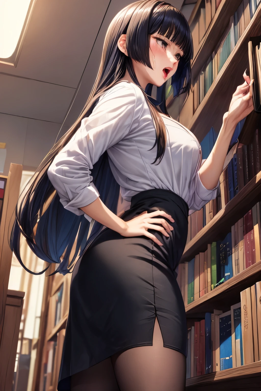 (masterpiece), highest quality, (sharp details), 4k, 1 female, mature woman, mature woman,SHARP detail Expressive eyes, (sharp detailsパーフェクトフェイス), (((female teacher))), (((sex education))), deep cleavage, ( bearing hips), ((female teacher clothes)),shirt, mini skirt,((open your mouth wide)), black hair, black eyes,(drawings of (anatomical diagram)), (short pencil skirt), (lipstick), (perfect hands), library, suit, 白のshirt, pencil skirt, micro skirt, beige stockings, shiny skin, ((oily skin)),((Are standing)), (((Put your hands on the bookshelf))), ((Looking at the bookshelf)),spread your legs , Leaning forward towards the bookshelf, butt focus)), (((I'm screaming))),((Are crying))),((frown,shame,anger,I furrowed my brow.,pile of books, from below