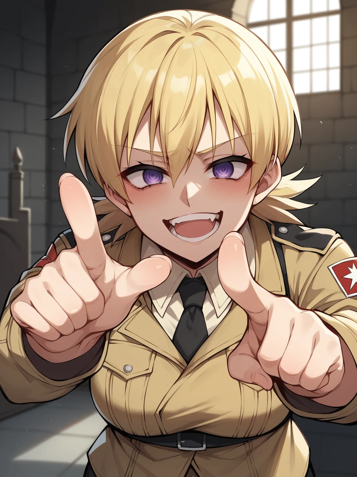 score_9, score_8_up, score_7_up, score_6_up, score_5_up, score_4_up, source_anime, BREAK, seras victoria, hellsing, looking at viewer, pointing at viewer, pointing, holding laugh, giggle,, face closeup, closeup, pointing at viewer, humiliation, blonde hair, dark blonde hair, indoors, castle, purple eyes, shy, smug