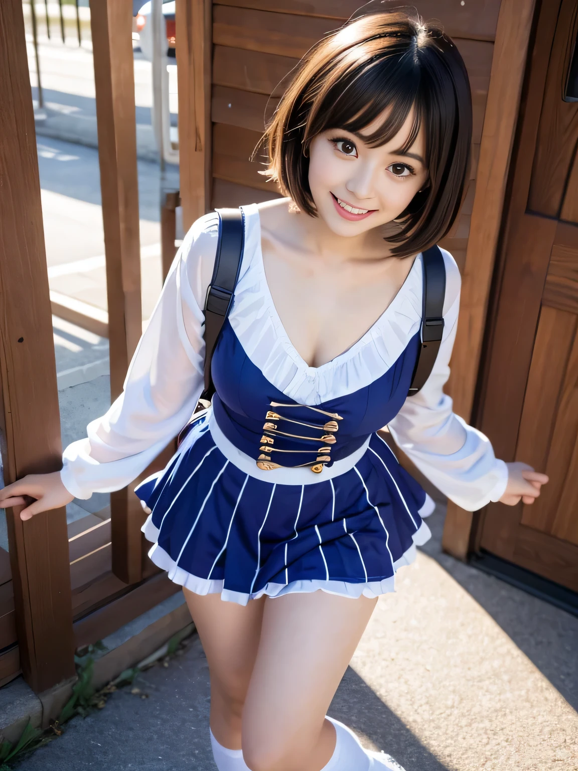 high angle shot、center view、full body、contrasting、Large thighs, High-definition 8K raw photo, best movie quality,big breasts、short hair、smile、Real 、cute high school girl、Nogizaka Idol、big bust、 Wizard Cosplay、no makeup、The girl is enveloped in three-dimensional light and shadow。, dolly zoom alley background