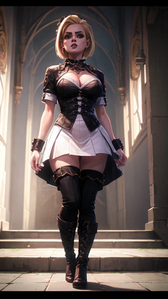 Bride of Chucky
gothic style
flirtatious
Evil and charming
boots
blonde short hair
white dress
black jacket
ultimate big breasts
Super huge breasts
knife
city
full-body shot
