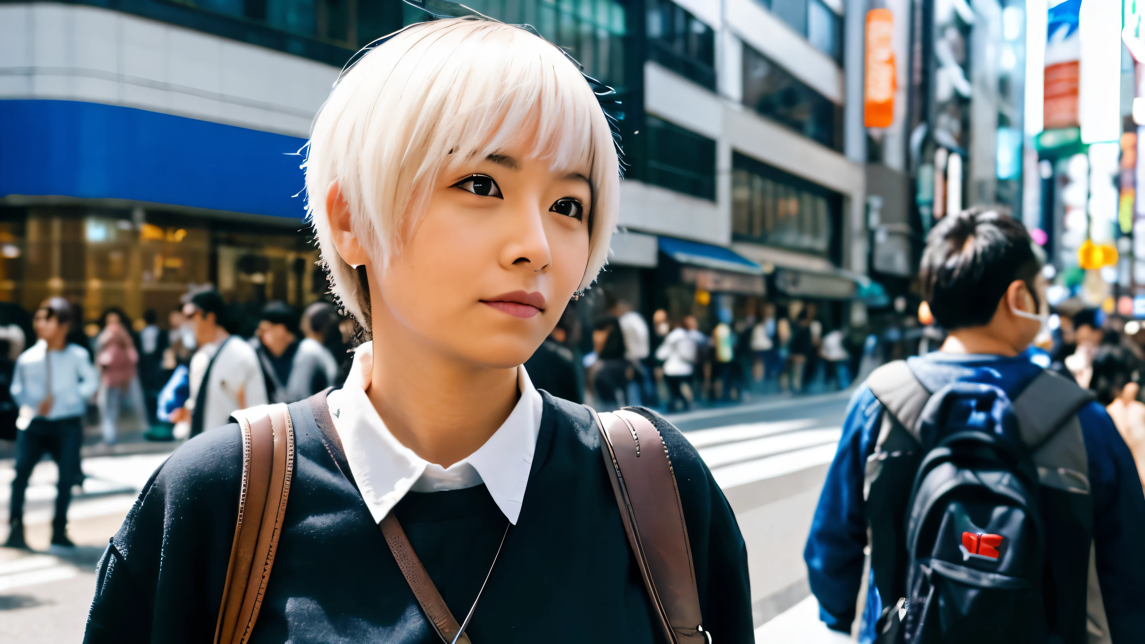 uma jovem japonesa de 15 anos, com cabelos curtos, seios grandes andando pelas ruas de tokyo usando uma mini saia