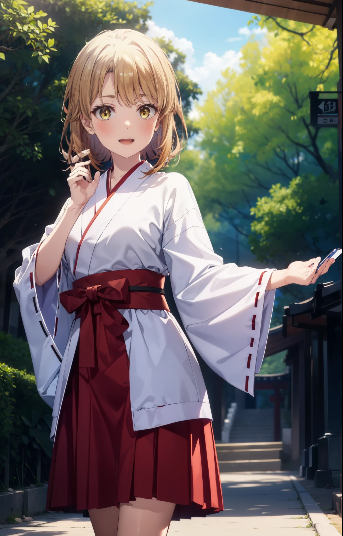 irohaisshiki, iroha isshiki, long hair, brown hair, (brown eyes:1.5), happy smile, smile, open your mouth,Platycodon,Miko, white kimono, red hakama,kimono, white foot bag,Zori sandals,same as skirt, wide sleeve, long sleeve, ribbon trim sleeves, 
とてもlong hair, dull bangs, low ponytail, 
looking at the viewer, Are standing, 
very long hair, dull bangs, low ponytail, 
break outdoors, shrine,torii,
break looking at viewer,whole body, (cowboy shot:1. 5)
break (masterpiece:1.2), highest quality, High resolution, unity 8k wallpaper, (shape:0.8), (fine and beautiful eyes:1.6), highly detailed face, perfect lighting, Very detailed CG, (perfect hands, perfect anatomy),