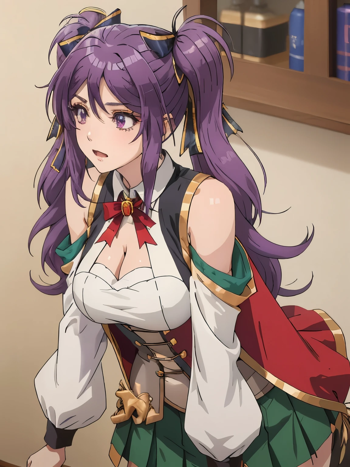 Leone_was, purple hair, purple eyes, 1 girl, alone, twin tails, hair ribbon, collared shirt, shoulder cutout, removed sleeve, cleavage cutout, neck ribbon, green skirt, red cloak, epaulettes