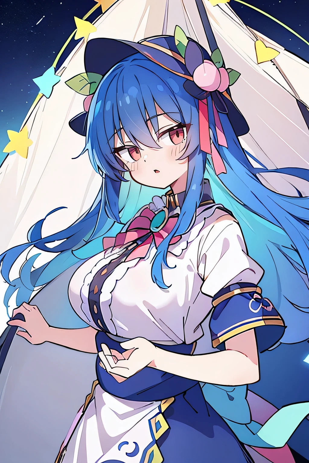 (masterpiece),best quality, expressive eyes, perfect face, 1girl,
Big breasts, H cup, Good breasts, Put your hands on your waist,fair, Gorgeous,Japanese cartoons,girl,lola,Hina Angel, blue hair, blue haired,tent , tent chest, tent breast, floating clothes,starry sky,
