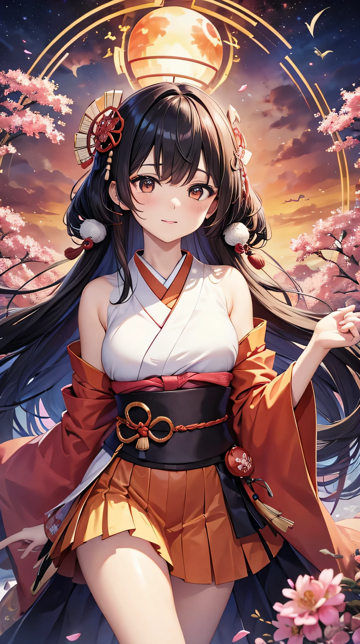official art, unity 8k wallpaper, super detailed, beautiful beautiful, masterpiece, highest quality, (tangled, tangle, tangle), (fractal art: 1.4), 1 girl, black haired, Japanese, bare shoulders, short skirt, calf, very detailed, dynamic angle, cowboy shot, (the most beautiful form of chaos), flowing, (bright colors), nffsw, (half: 1.2), Japanese style, (Tanka: 1.5), (ribbon: 1.3), (dream: 1.5), (Japanese style: 1.5), Japan Phoenix、(laughter:0.5)、(Japanese god)、Bewitching,Flower of the other shore