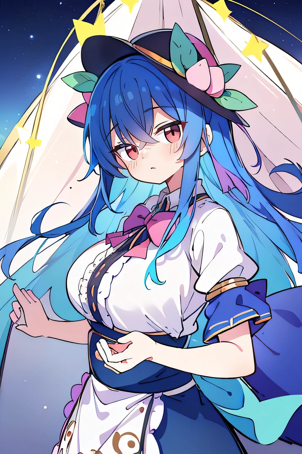 (masterpiece),best quality, expressive eyes, perfect face, 1girl,
Big breasts, H cup, Good breasts, Put your hands on your waist,fair, Gorgeous,Japanese cartoons,girl,lola,Hina Angel, blue hair, blue haired,tent , tent chest, tent breast, floating clothes,starry sky,