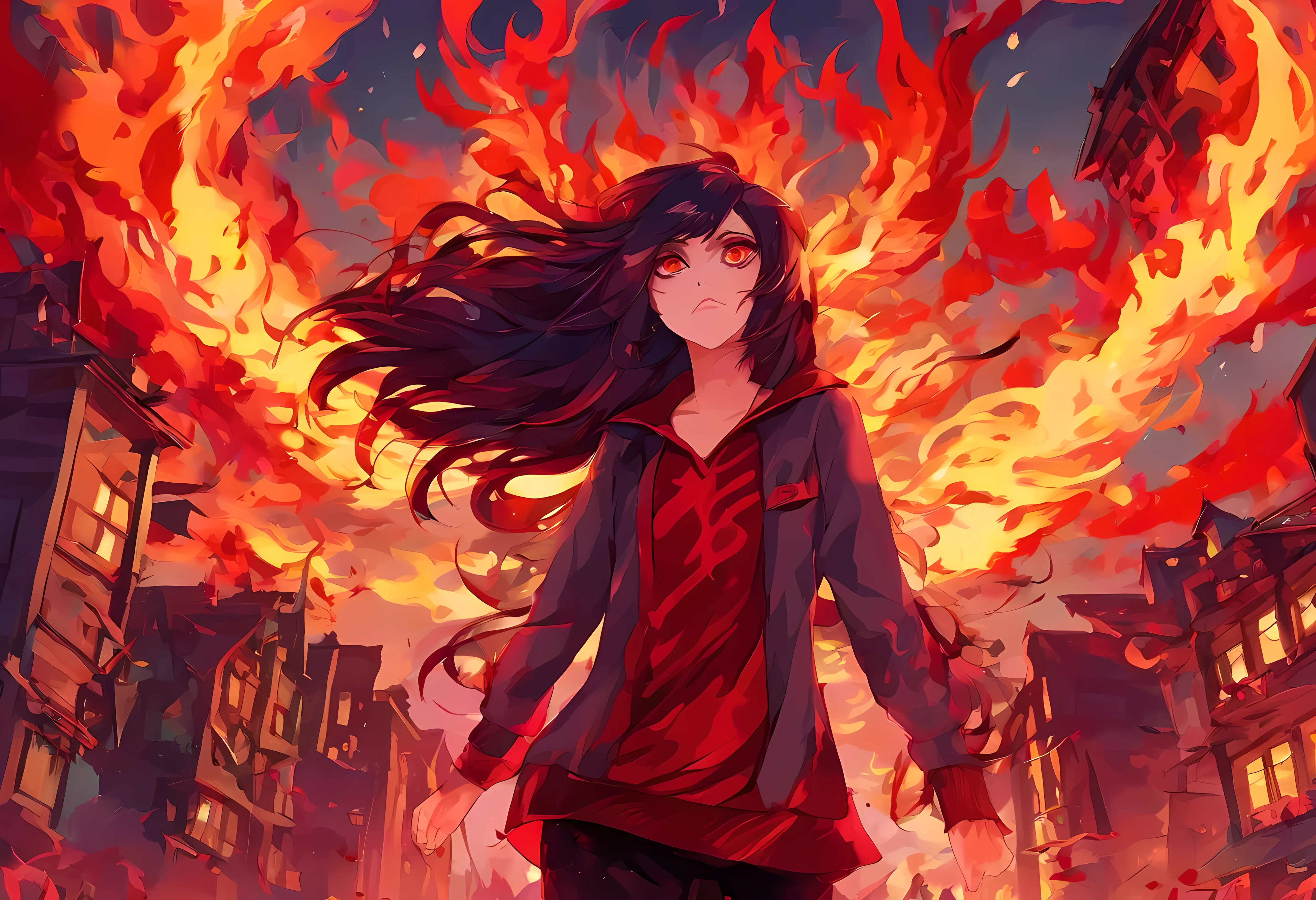 (masterpiece, absurdres, best quality, 1girl, solo, night sky:1.2), red and black sweater, medium breasts, (black hair, long hair, unkempt hair, spiky hair:1.3), (expressionless, crimson eyes with slit pupils:1.6), (looking at viewer, from below, upward angle:1.4), (crimson flames, bloodstained clothes, burning buildings:1.6)