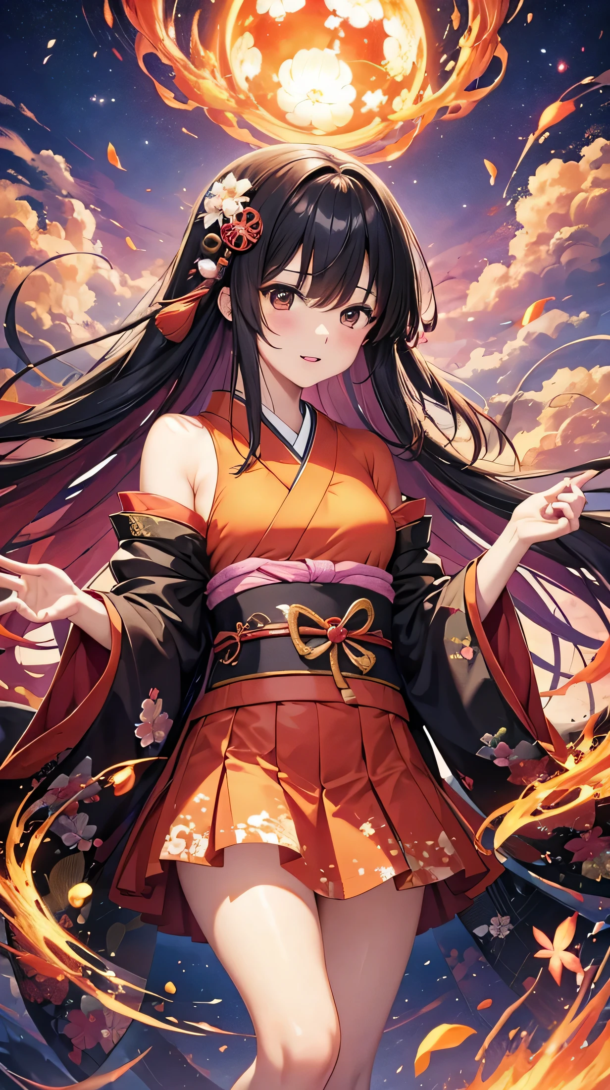 official art, unity 8k wallpaper, super detailed, beautiful beautiful, masterpiece, highest quality, (tangled, tangle, tangle), (fractal art: 1.4), 1 girl, black haired, Japanese, bare shoulders, short skirt, calf, very detailed, dynamic angle, cowboy shot, (the most beautiful form of chaos), flowing, (bright colors), nffsw, (half: 1.2), Japanese style, (Tanka: 1.5), (ribbon: 1.3), (dream: 1.5), (Japanese style: 1.5), Japan Phoenix、(laughter:0.5)、(Japanese god)、Bewitching,Flower of the other shore