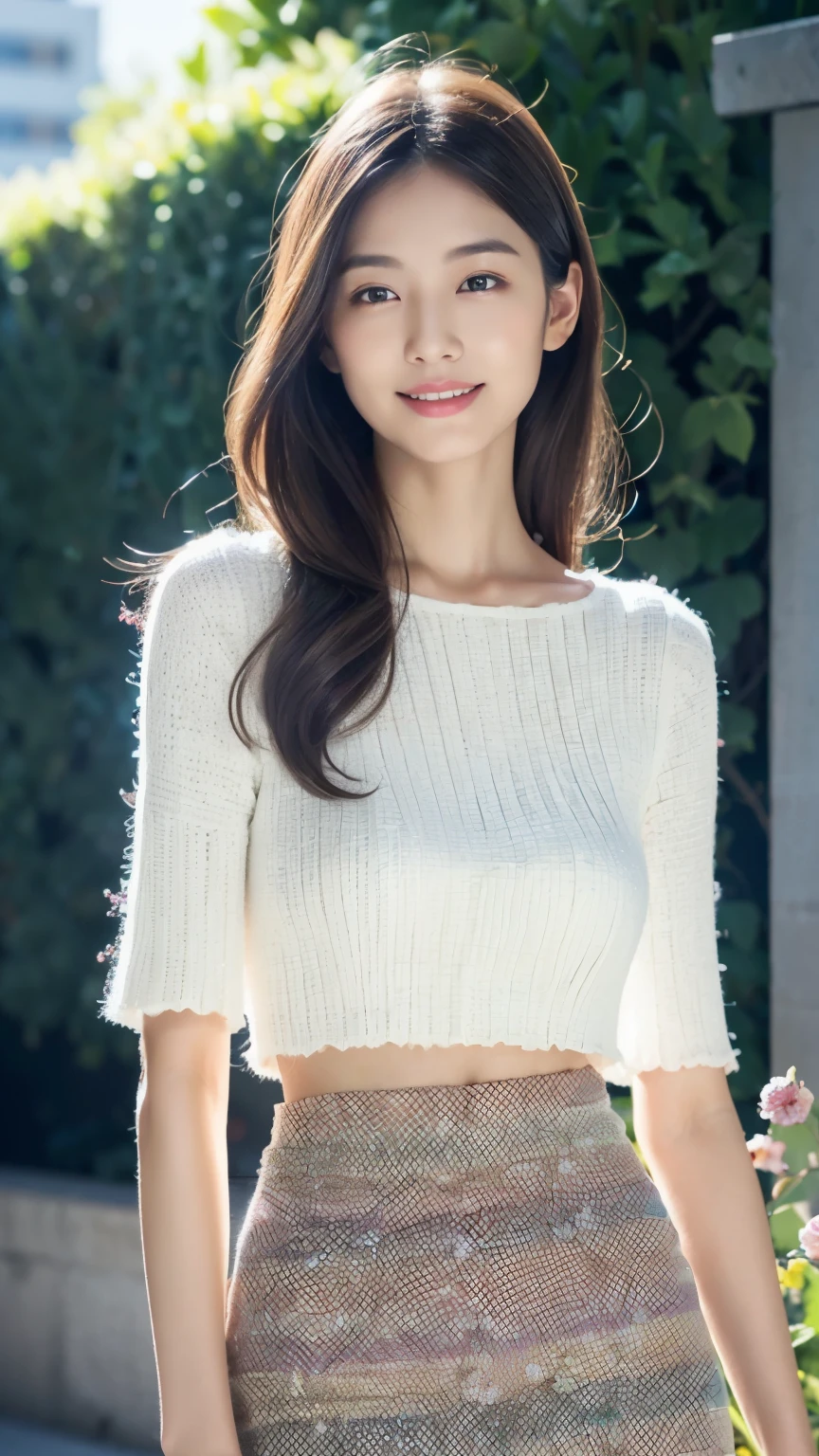 japanese girl、spring、flower garden、garden、((best quality,master piece,超A high resolution)),(Realistic:1.4),1 girl,from head to knees,dynamic posture,adult face,slim,Slender、(smile),(shiny skin),(overview,frontage,twilight),white hair,white long hair,iridescent eyes,big bust,Top Fashion,mini skirt),(clear eyes),(clean nose),(Clear lips),(Fair skin),(Ultra realistic textile texture)