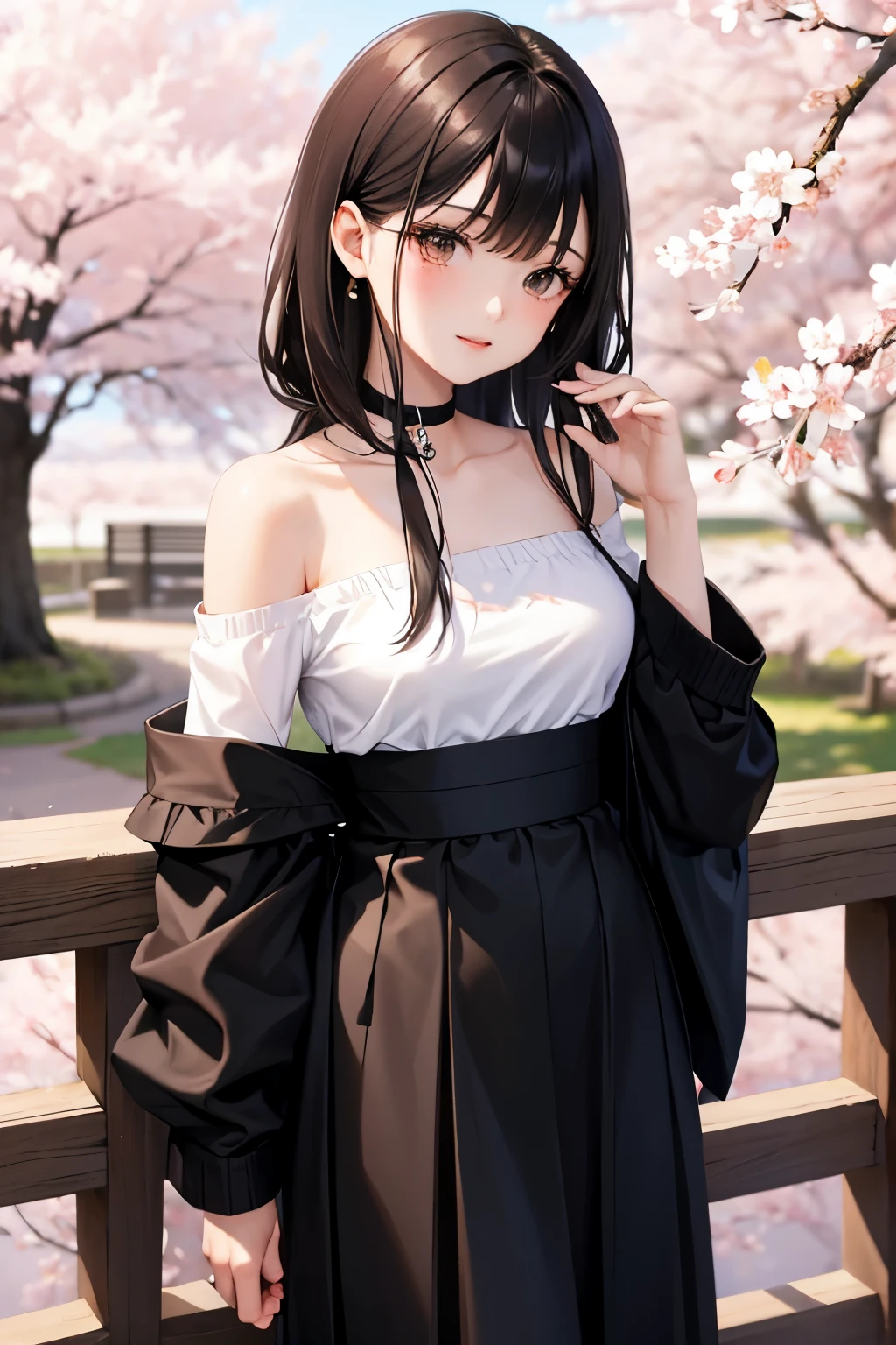 best quality, highres,Slender、brown eyes、tall、black hair、shortcut,straight hair、Cherry blossom viewing、cherry blossoms、black knit、off shoulder、black long skirt、7 life size
