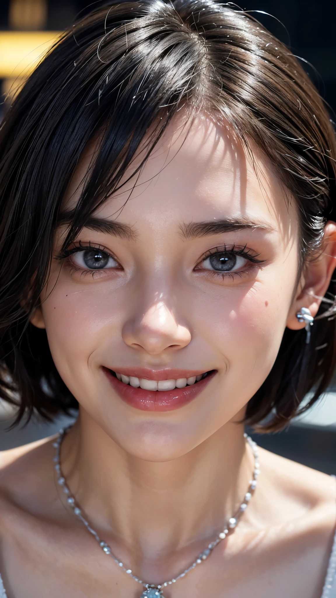 cute 26 year old,1 girl,slim face ,8K,Super realistic image quality,dynamic shadow,sparkling eyes,((Clear black eyes)),((cheerful smile)),((3 ear piercings)),((asian necklace)),clear pale blue eyes,movie theater lighting,((dark back alley)),((City lights)),night,Darkness of the city,suit, ((face close up:1.3)),((A smile showing white teeth)),((Open mouth and smile happily)),((Soft, loose curls short hair)),close, 8K, Raw photo, highest quality, masterpiece,realistic, photo-realistic,