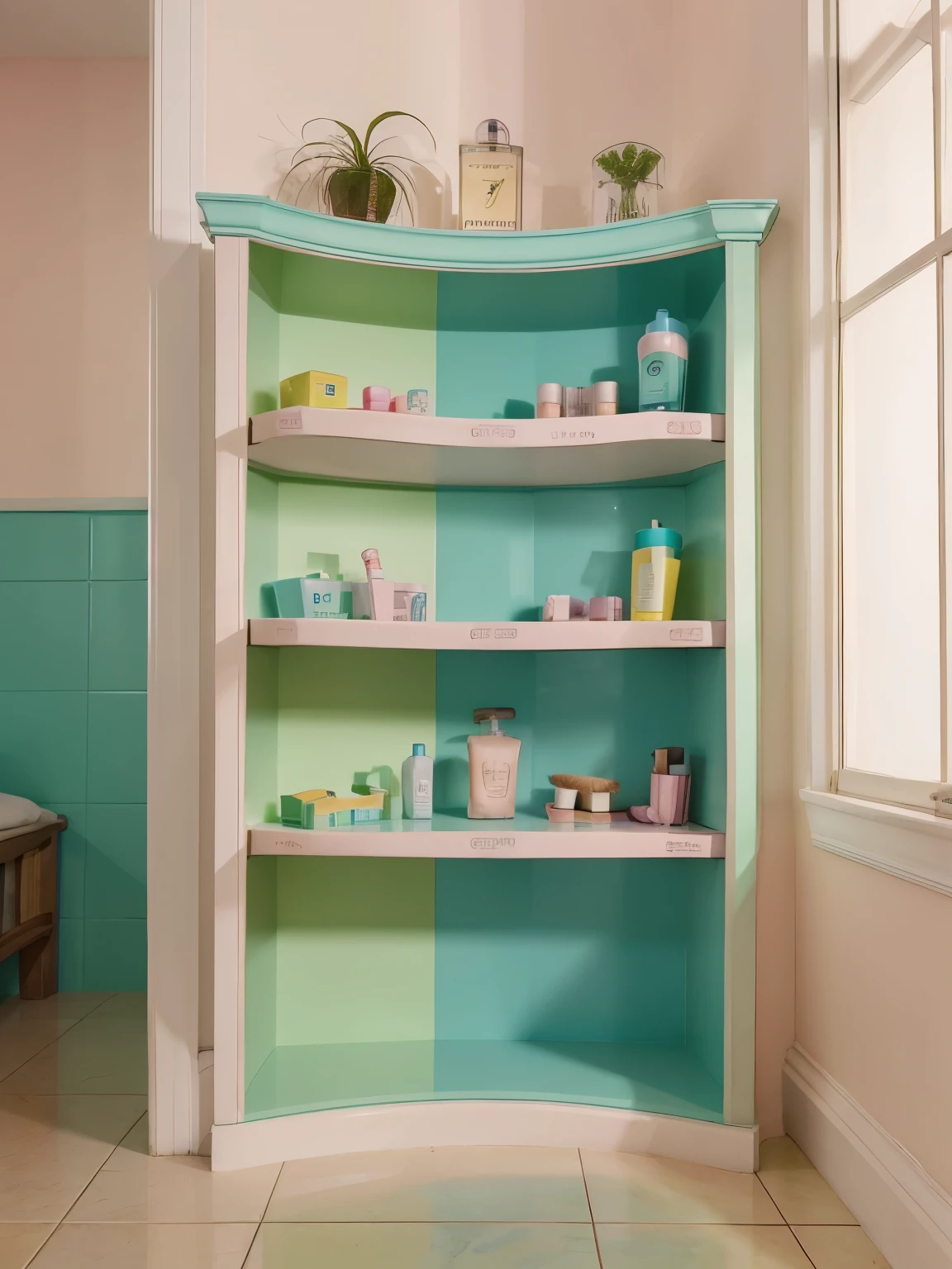 Quero o design de uma loja de produtos de skincare com cores claras de verde, tom pastel, com prateleira de produtos, saleswoman and counter, Com uma porta para os banheiros e escada para andar admistrativo e com bastante luz natural e janelas