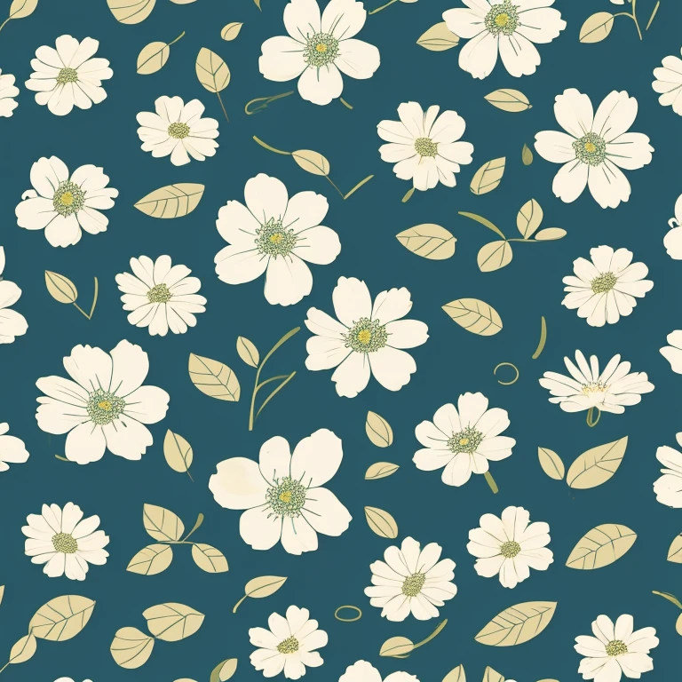 flat illustration, size 16:9, spring flowers with leaves, White background, Towel fabric design