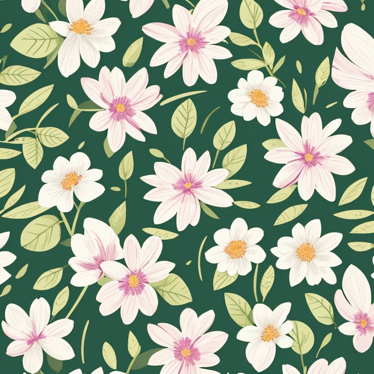 flat illustration, size 16:9, spring flowers with leaves, White background, Towel fabric design