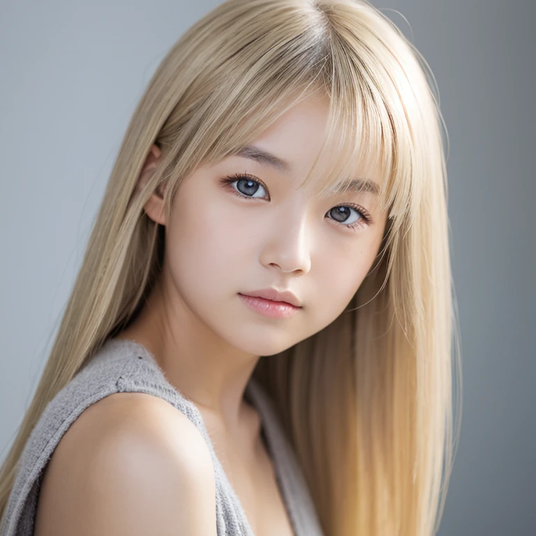 Asian girl with blond hair and light grey eyes