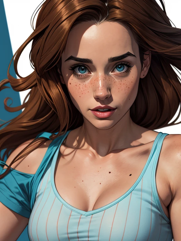Character style illustration style Completely bare breasts showing small fear Breast size Cartoon name: Isabella Cruz white background medium breasts freckled face Jennifer Connelly actress strong contours Physical description - long straight hair, tingidos de um marrom vibrante que contrasta com sua pele clara.
- You reflect a mix of curiosity and determination.
- Ela tem uma estatura alta, with a slender and agile figure, evidenciando sua agilidade e destreza.
-fundo colorido 
 Design de personagens de retrato, beautiful digital illustration, retrato de alta qualidade, Arte em quadrinhos, Corpo inteiro sensualizando ou pelada. folha de retorno. folha de retorno