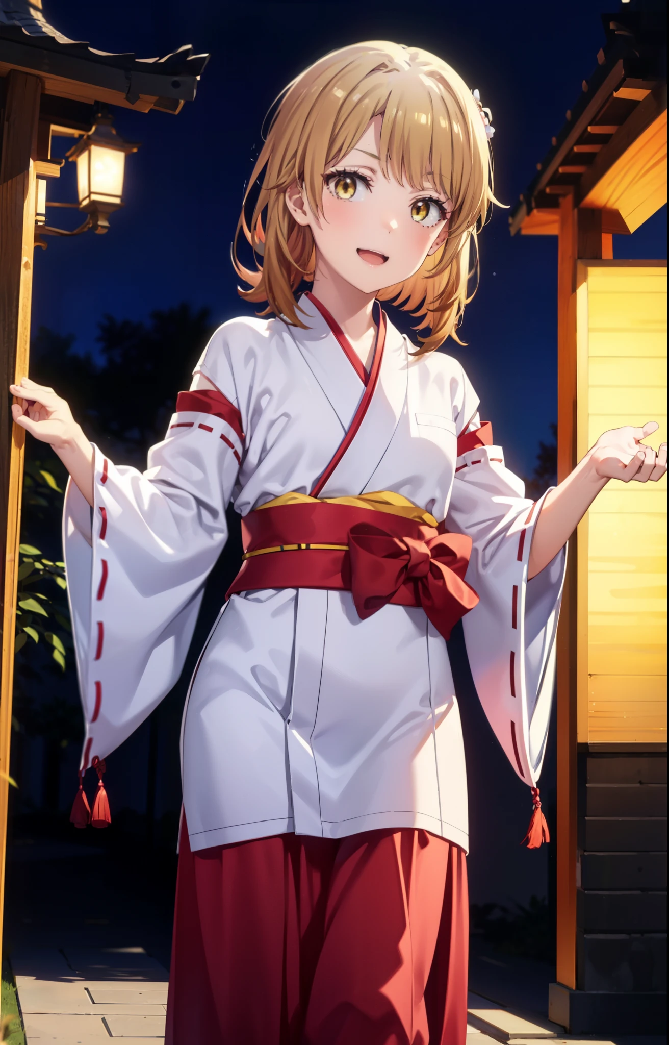 irohaisshiki, iroha isshiki, long hair, brown hair, (brown eyes:1.5), happy smile, smile, open your mouth,Platycodon,Miko, white kimono, red hakama,kimono, white foot bag,Zori sandals,same as skirt, wide sleeve, long sleeve, ribbon trim sleeves,
とてもlong hair, dull bangs, low ponytail,
looking at the viewer, Are standing,
very long hair, dull bangs, low ponytail,
break outdoors, shrine,torii,
break looking at viewer,whole body, (cowboy shot:1. 5)
break (masterpiece:1.2), highest quality, High resolution, unity 8k wallpaper, (shape:0.8), (fine and beautiful eyes:1.6), highly detailed face, perfect lighting, Very detailed CG, (perfect hands, perfect anatomy),