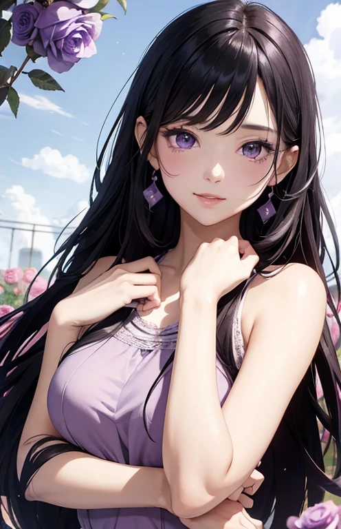 masterpiece、highest quality、High resolution、high quality images、8K, 1 female、skin luster、Texture of skin and clothing、Expression of fine eyes、shiny black hair,long hair girl, Manga inspired by Lee Jong-suk, trending on deviantart, realism, detailed manga style, manga art style, perfect line drawing, beautiful line drawing, digital manga art girl, K-POPアイドル, dress, beautiful purple eyes, plump lips, detailed gorgeous face, (cute smile), charm, innocent, Side view, (perfectly detailed face), (fine hands) photorealistic images, Depth of written boundary, half up hairstyle, 華やかなモーニングdress , corolla , cloud,sky sky,night ,star, garden,Rose,The skin is delicate,建物の前にはPurple rosesが咲いている, rose background, rosette, beautiful flower garden, Pastel Roses, light blue flowers, beautiful and aesthetic, Heavenly Purple, beautiful aesthetics, Pale purple hue, Shades of purple, lying on a rose, rose background, pastel overflow, Purple roses