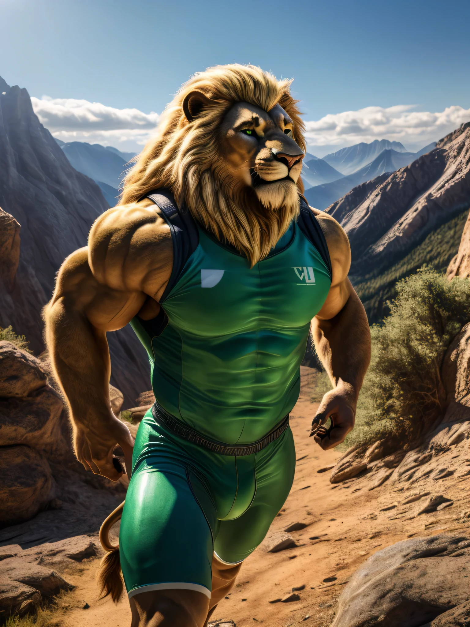 (best quality,4k,8k,highres,masterpiece:1.2),ultra-detailed,(realistic,photorealistic,photo-realistic:1.37),Lion, male, long and blonde mane, blonde chin beard, green eyes, muscular body, tight sports outfit, hiking in the mountains, smiling while looking at the scenery, vibrant colors, golden lighting