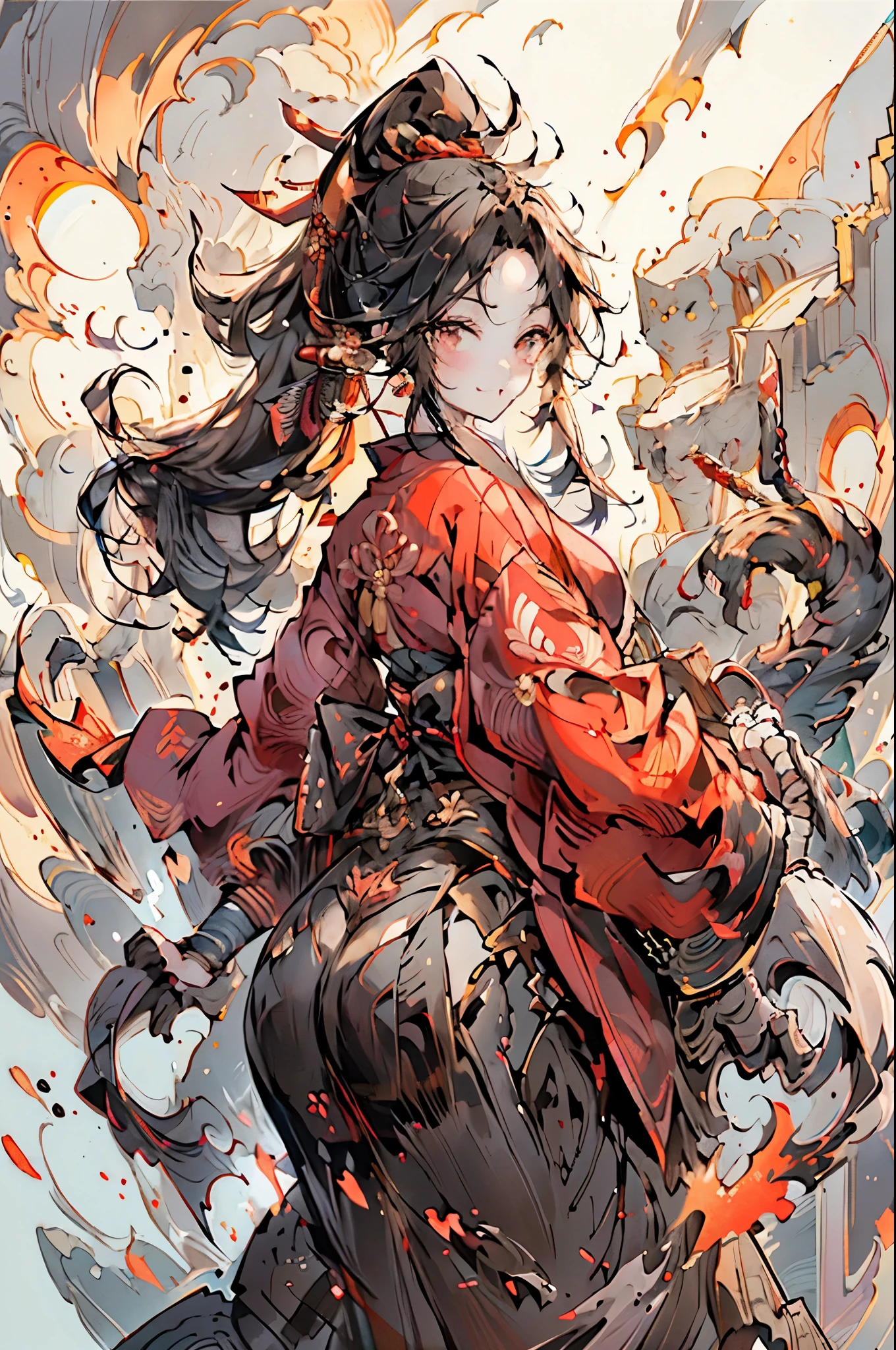 masterpiece,hyper quality, very detailed,perfect drawing,cg,3D,8K,figure,beautiful face girl,one beautiful girl, samurai costume, black hair, ponytail, big red ribbon, kimono, Belt sword, Tachi, Wakizashi, Double Point, Similarly, Japanese armor, Droopy eyes but cute, A dignified and cute expression, cute smile, Hand on the hilt of the sword, cute round butt, Look back with a smile, butt sticking out pose, スリーサイズ B90W60H95, Moonlight leaking through the clouds, ancient city, Remains, gradation sky,Beautiful girl in a loincloth Japanese outfit Lower body bare Rich breasts Back appearance Cute Well-formed face big Buttocks Looking back with a cute smile Three sizes B95W60H90 masterpiece,hyper quality, very detailed,perfect drawing,cg,3D,8K,figure