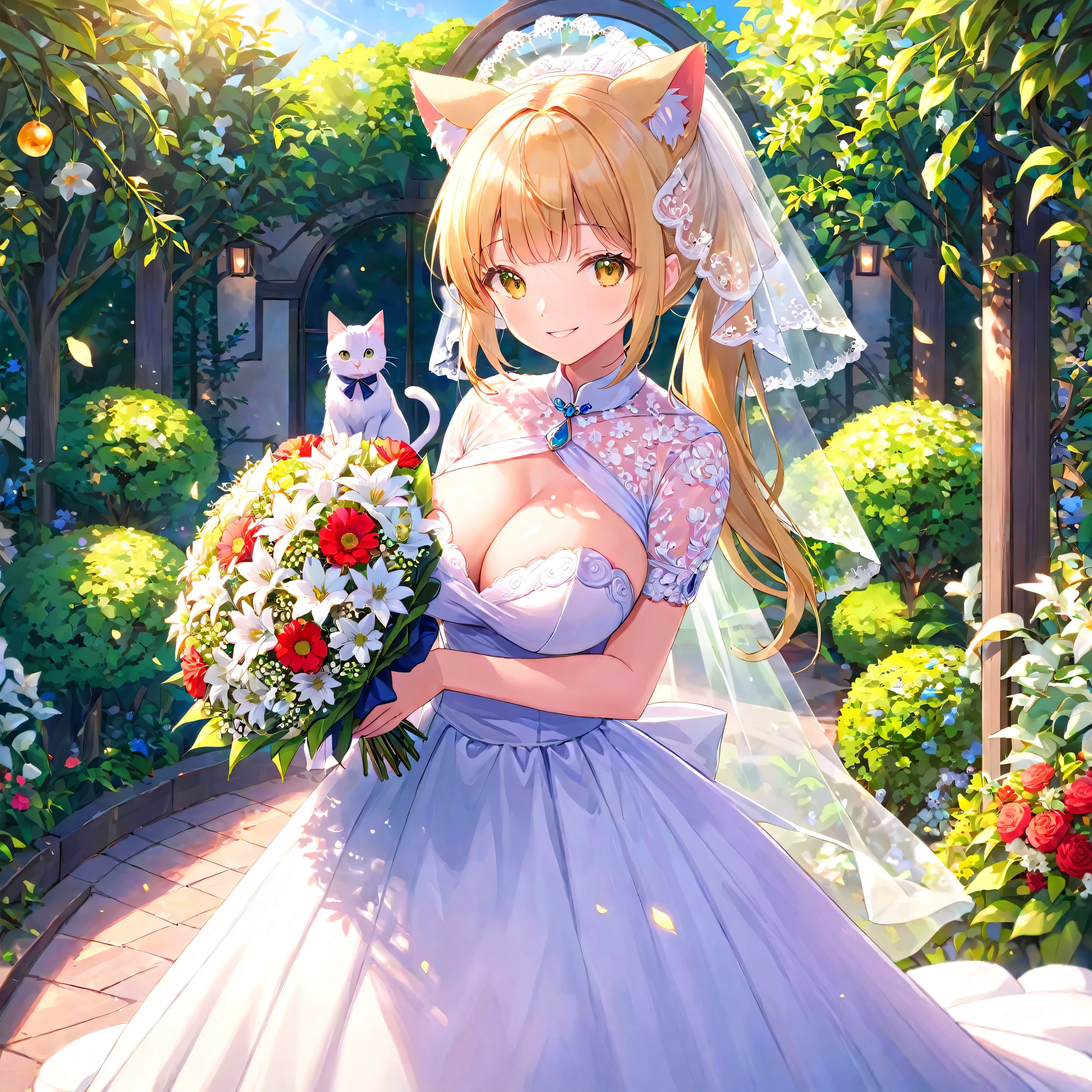 masterpiece,highest quality,High resolution,Super detailed,Ayoriko,1 girl,long hair,ponytail,side lock,bangs,Shash,(Wedding dress:1.2),white dress,(veil:1.2),garden,smile,outdoor,Are standing,cowboy shot,holding a bouquet,(Cat ear)、Bob cut blonde hair、big breasts、Different world、Vivid garden、Planets visible