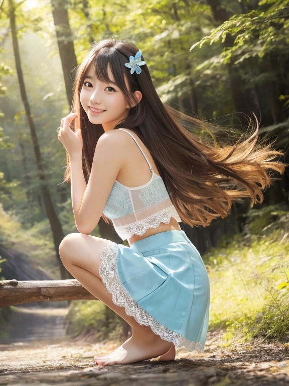one woman、japanese woman、20-year-old beauty、professional lighting、medium long hair、brunette colored hair、brook in the forest、A sheer slip、Pastel blue lace underwear、mini skirt、High resolution、rich expression、no makeup、cute smile、catch light、Foot-to-foot display、hair fluttering in the wind、Show women smaller、Beautiful legs extending from the skirt、Show from skirt to knee、Use a reflector to bring light to your face、Sitting pose with buttocks touching down、hold your knees with both hands、look at camera